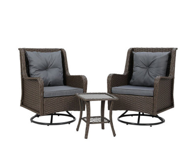 Gardeon 3PC Outdoor Furniture Bistro Set Lounge Wicker Swivel Chairs Table Cushion Brown