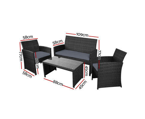 Gardeon 4 PCS Outdoor Lounge Setting Wicker Sofa Set Black Storage Cover