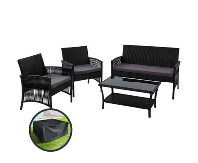 Gardeon 4PCS Outdoor Lounge Setting Sofa Set Patio Wicker Furniture Black Cover