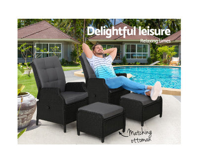 Gardeon Set of 2 Recliner Chairs Sun lounge Outdoor Setting Patio Furniture Wicker Sofa