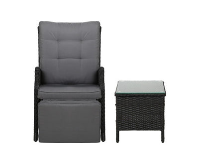 Gardeon 3PC Recliner Chairs Table Sun lounge Outdoor Furniture Wicker Adjustable Black