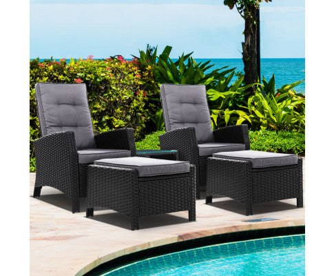 Gardeon Outdoor Patio Furniture Recliner Chairs Table Setting Wicker Lounge 5pc Black