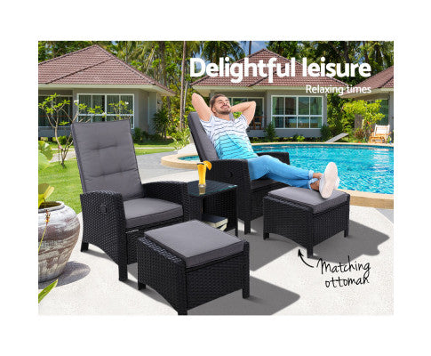 Gardeon Outdoor Patio Furniture Recliner Chairs Table Setting Wicker Lounge 5pc Black