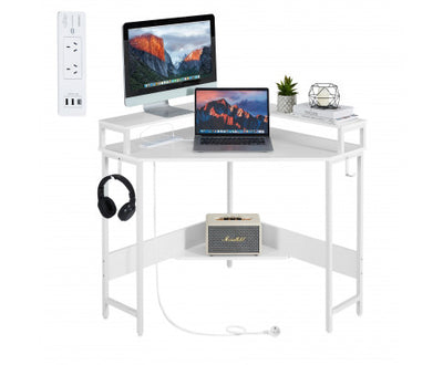 Compact L-Shaped Corner Desk with Built-In Power Board, White