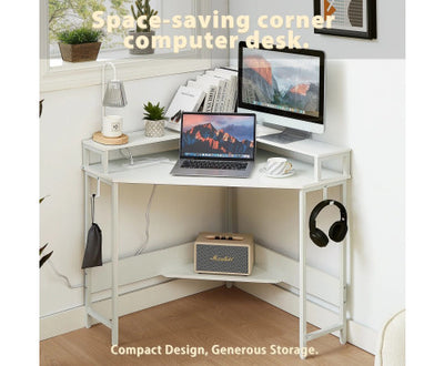 Compact L-Shaped Corner Desk with Built-In Power Board, White