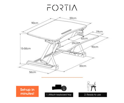 Fortia Desk Riser 90cm Wide Adjustable Sit to Stand for Dual Monitor, Keyboard, Laptop, Black