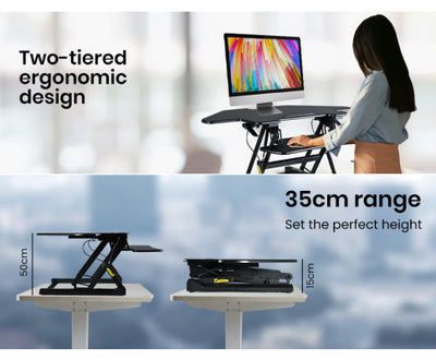 Fortia Corner Desk Riser 110cm Wide Adjustable Sit to Stand for Dual Monitor, Keyboard, Laptop, Black