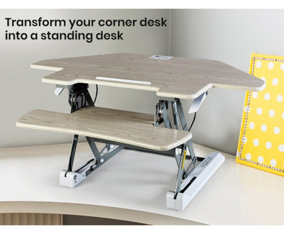 Fortia Corner Desk Riser 110cm Wide Adjustable Sit to Stand for Dual Monitor, Keyboard, Laptop, Beech