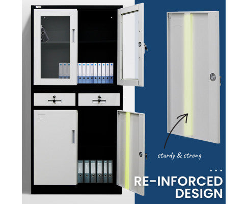 FORTIA Stationery Cabinet Office Storage Metal Lockable 4 Door Cupboard Drawers