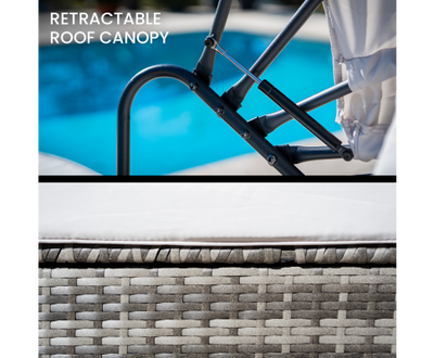 LONDON RATTAN 3PC Outdoor Daybed Patio Rattan Sofa Sun Lounge Furniture Grey Wicker Off White Canopy
