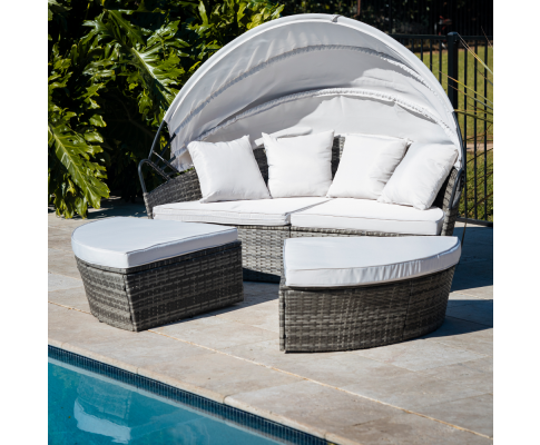 LONDON RATTAN 3PC Outdoor Daybed Patio Rattan Sofa Sun Lounge Furniture Grey Wicker Off White Canopy