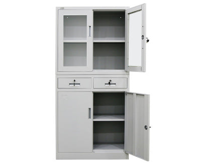 FORTIA 4-Door Lockable Steel Stationery Storage Cabinet, Display Windows, 2 Drawers, Grey