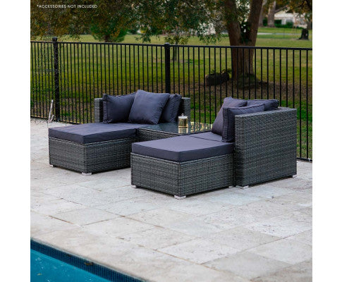 LONDON RATTAN 4 Seater Modular Outdoor Lounge Setting with Coffee Table, Ottomans, Grey