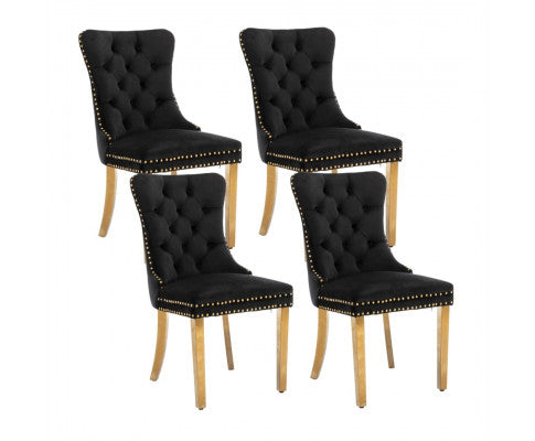 4x Velvet Dining Chairs with Golden Metal Legs-Black