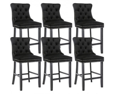 6X Velvet Bar Stools with Studs Trim Wooden Legs Tufted Dining Chairs Kitchen