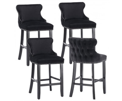 4x Velvet Upholstered Button Tufted Bar Stools with Wood Legs and Studs-Black