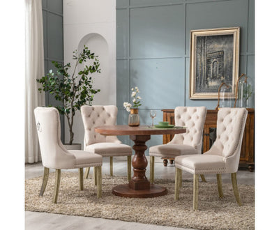 6x Velvet Dining Chairs Upholstered Tufted Kithcen Chair with Solid Wood Legs Stud Trim and Ring-Beige