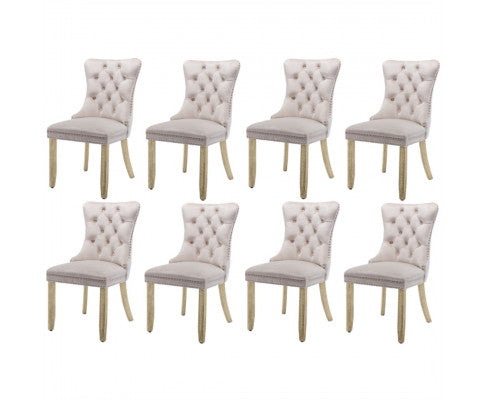 8x Velvet Dining Chairs Upholstered Tufted Kithcen Chair with Solid Wood Legs Stud Trim and Ring-Beige