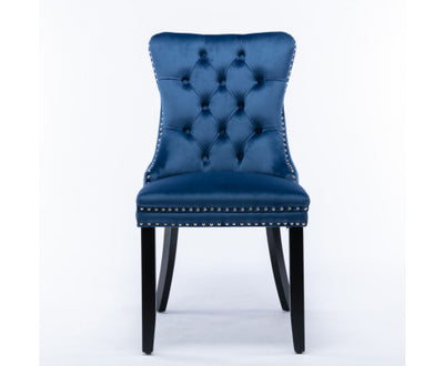 4x Velvet Dining Chairs Upholstered Tufted Kithcen Chair with Solid Wood Legs Stud Trim and Ring-Blue