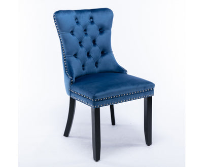 6x Velvet Dining Chairs Upholstered Tufted Kithcen Chair with Solid Wood Legs Stud Trim and Ring-Blue