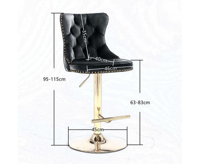2x Height Adjustable Swivel Bar Stool Velvet Studs Barstool with Footrest and Golden Base- Black