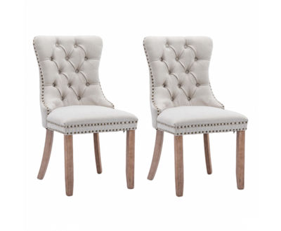 4x AADEN Modern Elegant Button-Tufted Upholstered Fabric with Studs Trim and Wooden legs Dining Side Chair-Beige
