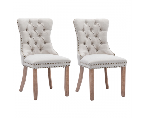 6x AADEN Modern Elegant Button-Tufted Upholstered Fabric with Studs Trim and Wooden legs Dining Side Chair-Beige