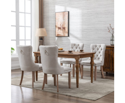 6x AADEN Modern Elegant Button-Tufted Upholstered Fabric with Studs Trim and Wooden legs Dining Side Chair-Beige