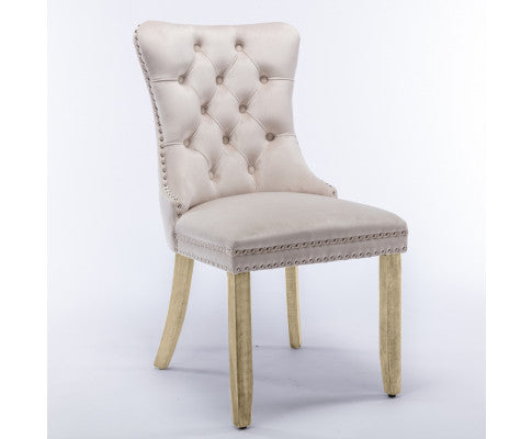2x Velvet Dining Chairs Upholstered Tufted Kithcen Chair with Solid Wood Legs Stud Trim and Ring-Beige