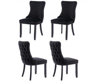 4x Velvet Upholstered Dining Chairs Tufted Wingback Side Chair with Studs Trim Solid Wood Legs for Kitchen