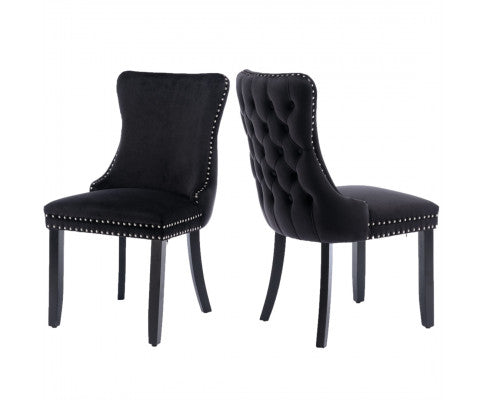 6x Velvet Upholstered Dining Chairs Tufted Wingback Side Chair with Studs Trim Solid Wood Legs for Kitchen