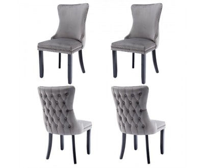 4x Velvet Upholstered Dining Chairs Tufted Wingback Side Chair with Studs Trim Solid Wood Legs for Kitchen