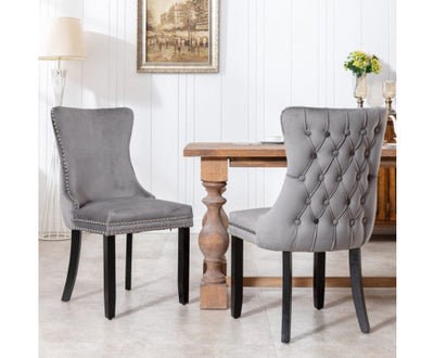 2x Velvet Upholstered Dining Chairs Tufted Wingback Side Chair with Studs Trim Solid Wood Legs for Kitchen