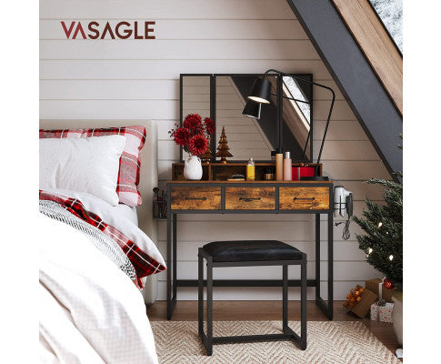 VASAGLE Dresser Table with Trifold Mirror Rustic Brown and Black RVT004B01
