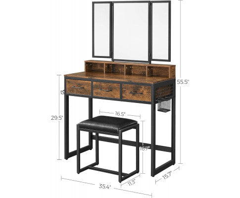 VASAGLE Dresser Table with Trifold Mirror Rustic Brown and Black RVT004B01V1