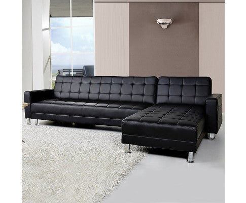 Sarantino Corner Faux Leather Sofa Bed Couch with Chaise - Black