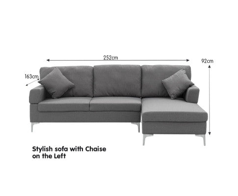 Sarantino 3 Seater Linen Sofa Lounge Left Side Chaise Couch Furniture Dark Grey L-shaped