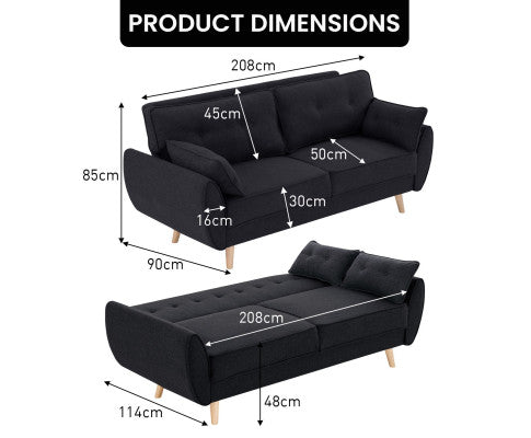 Sarantino 3 Seater Modular Linen Fabric Sofa Bed Couch Futon Suite - Black