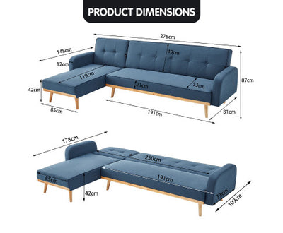 Sarantino 3-Seater Corner Sofa Bed with Chaise Lounge - Blue