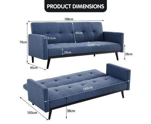 Sarantino Tufted Faux Linen 3-Seater Sofa Bed with Armrests - Blue