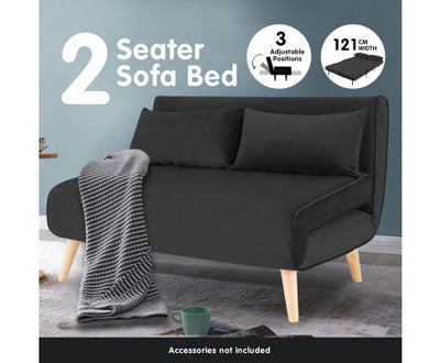 Sarantino 2-Seater Adjustable Sofa Bed Lounge Faux Velvet - Black