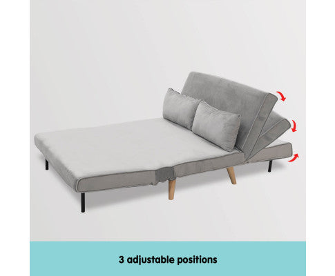 Sarantino 2-Seater Adjustable Sofa Bed Lounge Faux Velvet - Light Grey