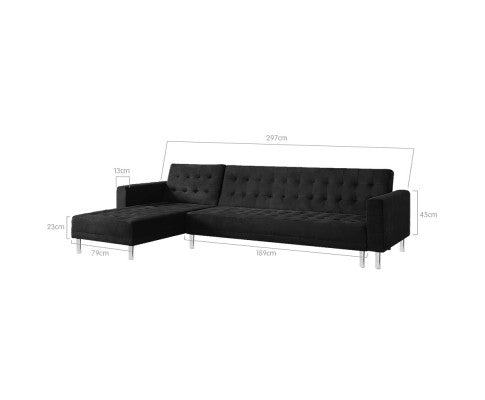 Sarantino Faux Velveteen Corner Wooden Sofa Bed Couch with Chaise Black