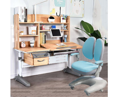 Solid Rubber Wood Height Adjustable Children Kids Ergonomic Study Desk Blue Chair Set 120cm AU