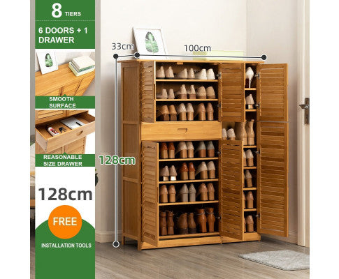 8 Tier Bamboo Large Capacity Storage Shelf Shoe Rack Cabinet 4 Doors 1 Drawer