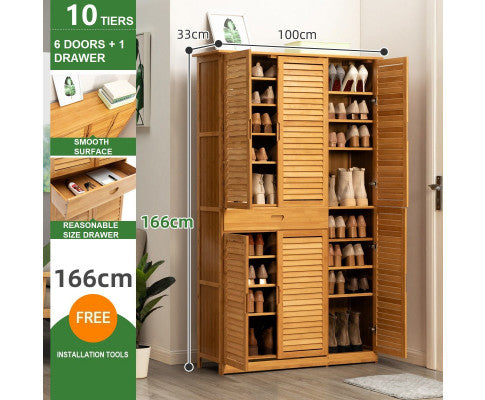 8 Tier Bamboo Large Capacity Storage Shelf Shoe Rack Cabinet 4 Doors 1 Drawer
