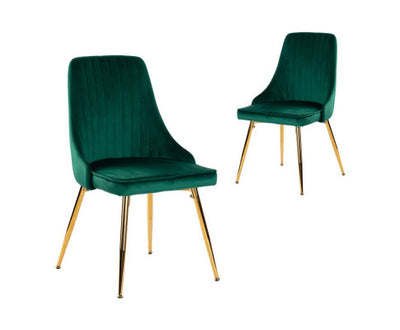 Viva Forever Set of 2 Green Velvet Dining Chairs-Art Deco Design with Gold Metal Legs