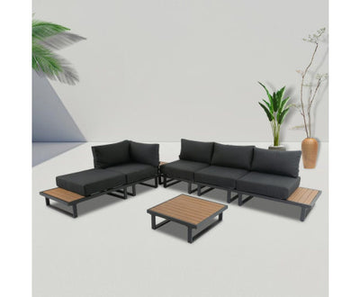 Modern Outdoor 7 Piece Lounge Set with Slatted Polywood Design Tables