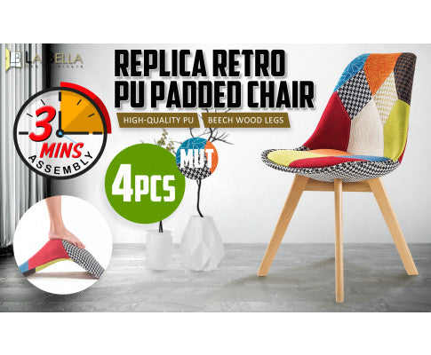 La Bella 4 Set Multi Colour Retro Dining Cafe Chair Padded Seat