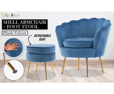 La Bella Shell Scallop Navy Blue Armchair Accent Chair Velvet + Round Ottoman Footstool